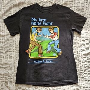 Steven Rhodes Faded Black Graphic Tee "My First Knife Fight" Men's Size Medium